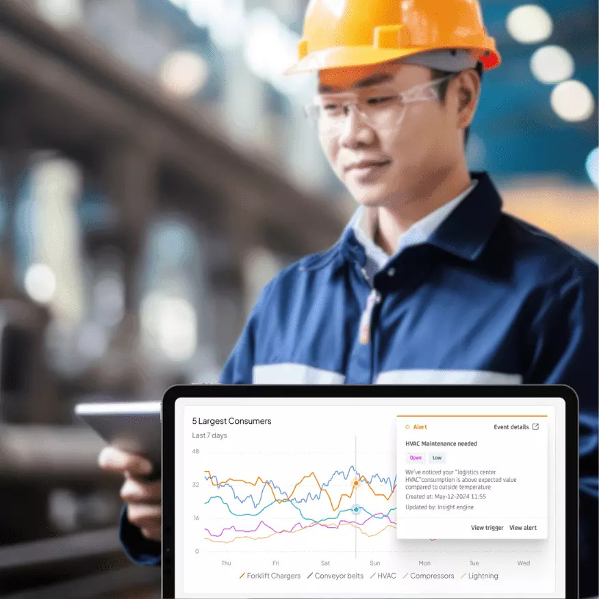 facility operations expert in facility with tablet energy dashboard in the foreground
